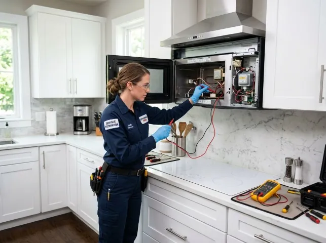 Appliance Repair Hero technician testing an over-the-range microwave in a Athens, WV kitchen